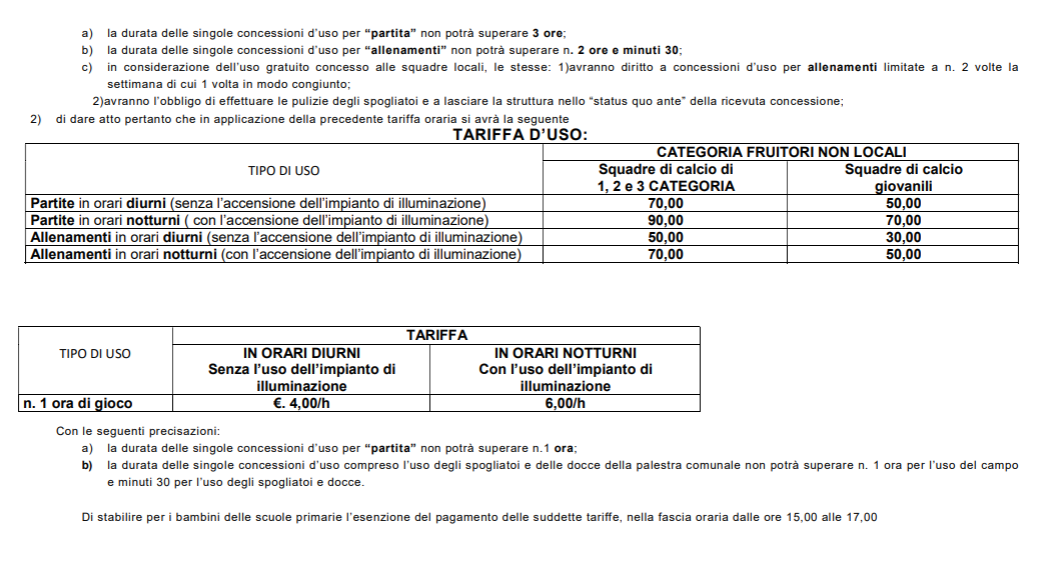 Tabella 2 tariffe campo sportivo